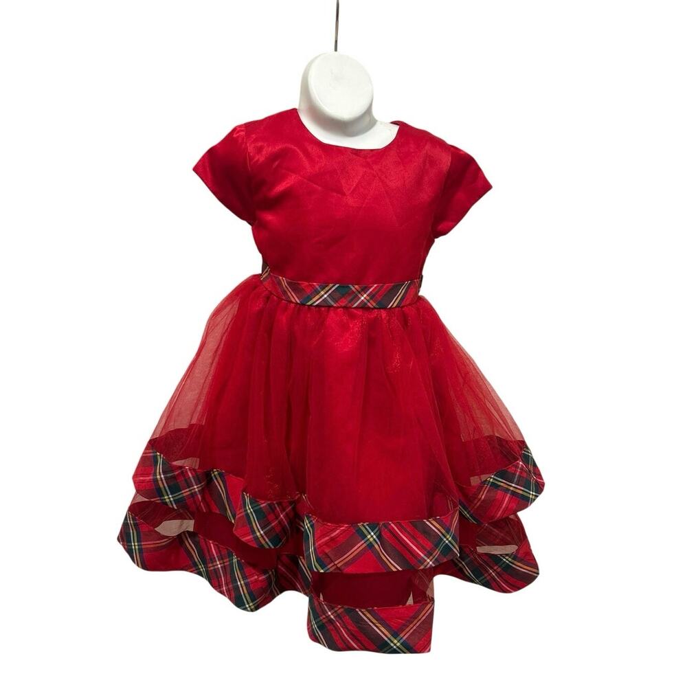 Blueberi Boulevard red plaid tulle tiered dress short sleeve holiday wear girl 6